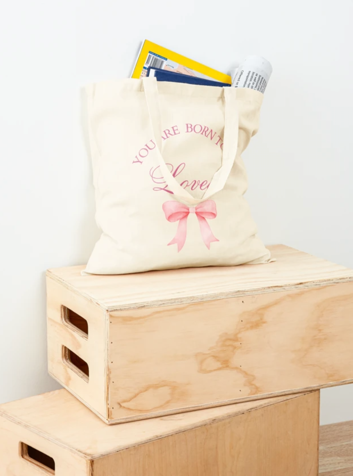 Pink Ribbon Printed cotton Tote Bag - You are born to be loved Tote Bag