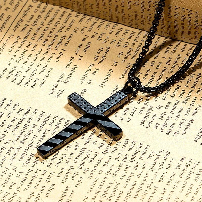 Wolentty Stainless Steel American Flag Cross Necklace Engraved Religious Philippians 4:13 Pendant Jewelry for Men - Black