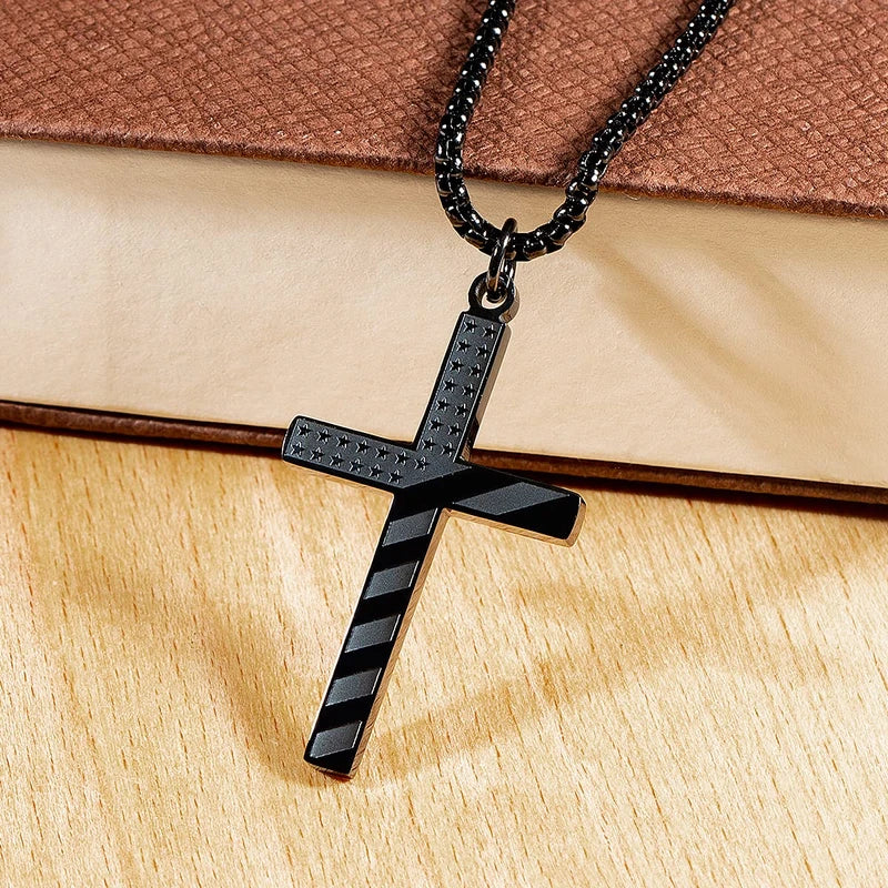 Wolentty Stainless Steel American Flag Cross Necklace Engraved Religious Philippians 4:13 Pendant Jewelry for Men - Black