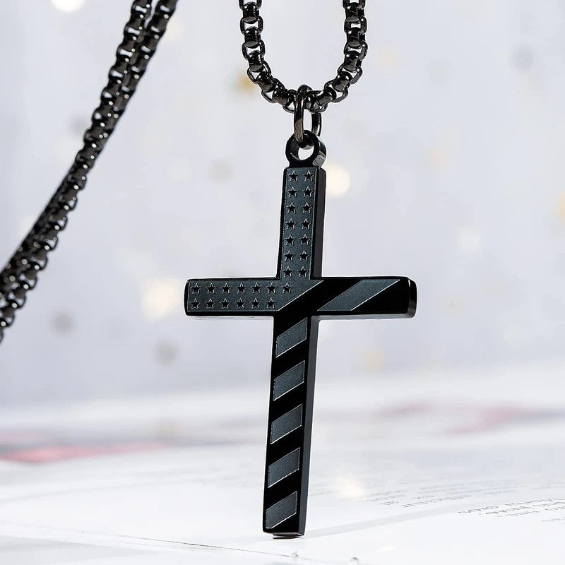 Wolentty Stainless Steel American Flag Cross Necklace Engraved Religious Philippians 4:13 Pendant Jewelry for Men - Black