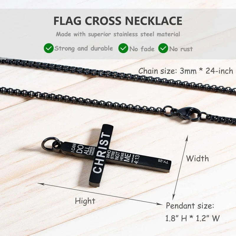 Wolentty Stainless Steel American Flag Cross Necklace Engraved Religious Philippians 4:13 Pendant Jewelry for Men - Black