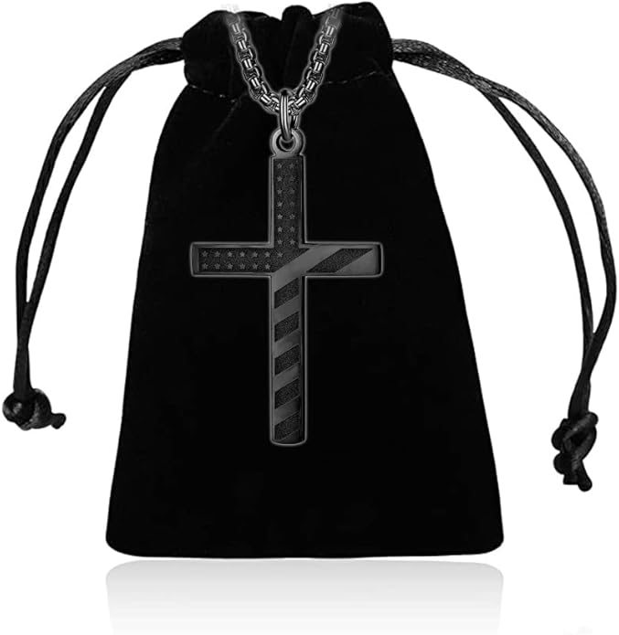 Wolentty Stainless Steel American Flag Cross Necklace Engraved Religious Philippians 4:13 Pendant Jewelry for Men - Black