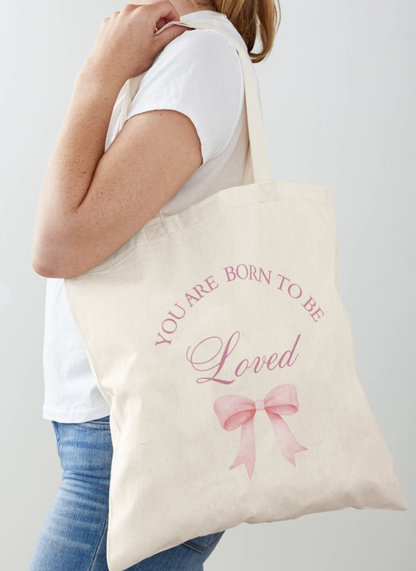 Pink Ribbon Printed cotton Tote Bag - You are born to be loved Tote Bag