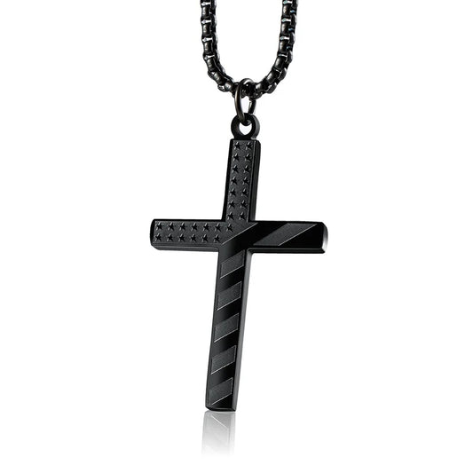 Wolentty Stainless Steel American Flag Cross Necklace Engraved Religious Philippians 4:13 Pendant Jewelry for Men - Black